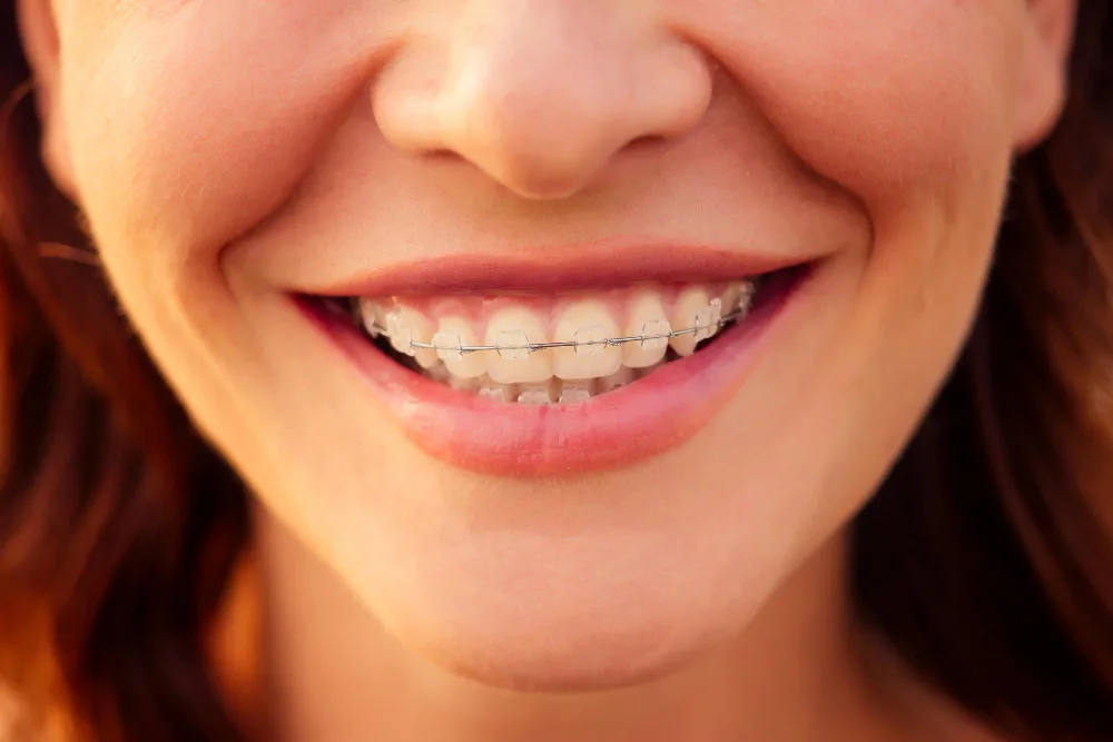 Dentist performing ceramic braces procedure