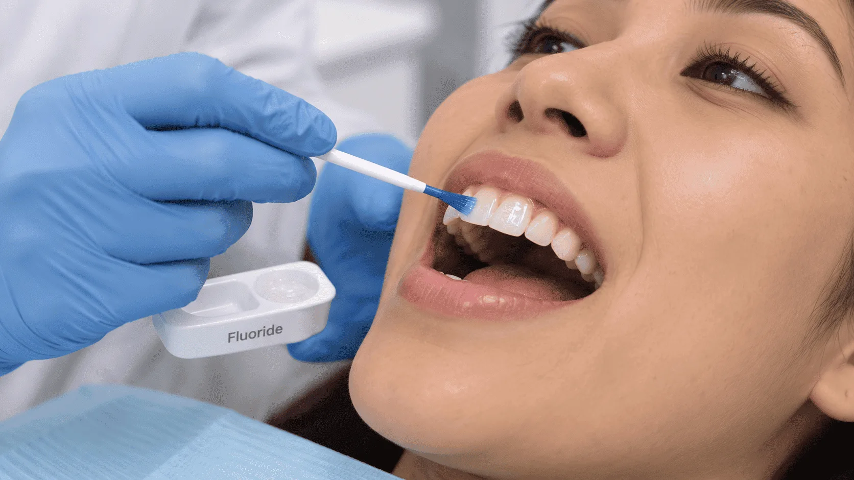 Dentist performing fluoride treatment procedure