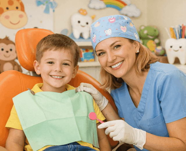 A smiling child with a pediatric dentist