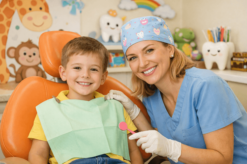 A smiling child with a pediatric dentist